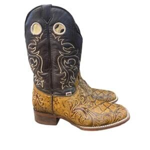 Rockin Leather Cappuccino Stamped Cowhide Square Toe Cowboy Boot Men size 8 D